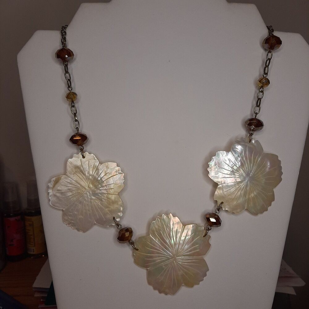 Vtg Necklace 3 Carved Mother of Pearl MOP Hibiscus Flowers w/ amber AB crystals